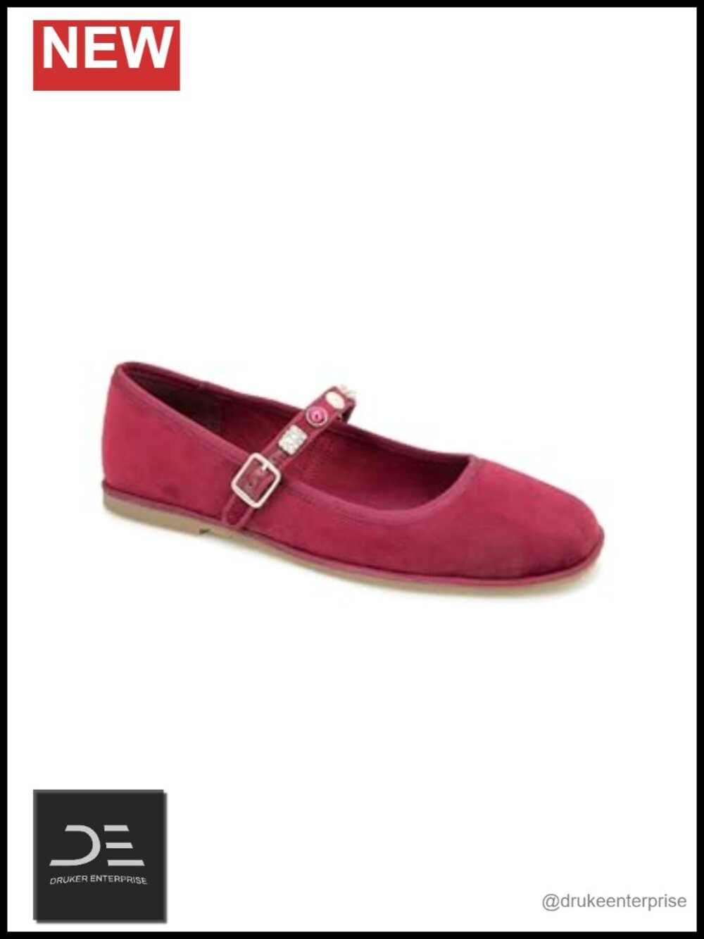Women's Mary Jane Flat with Jeweled Strap, Adjustable Buckle, Flexible TPR